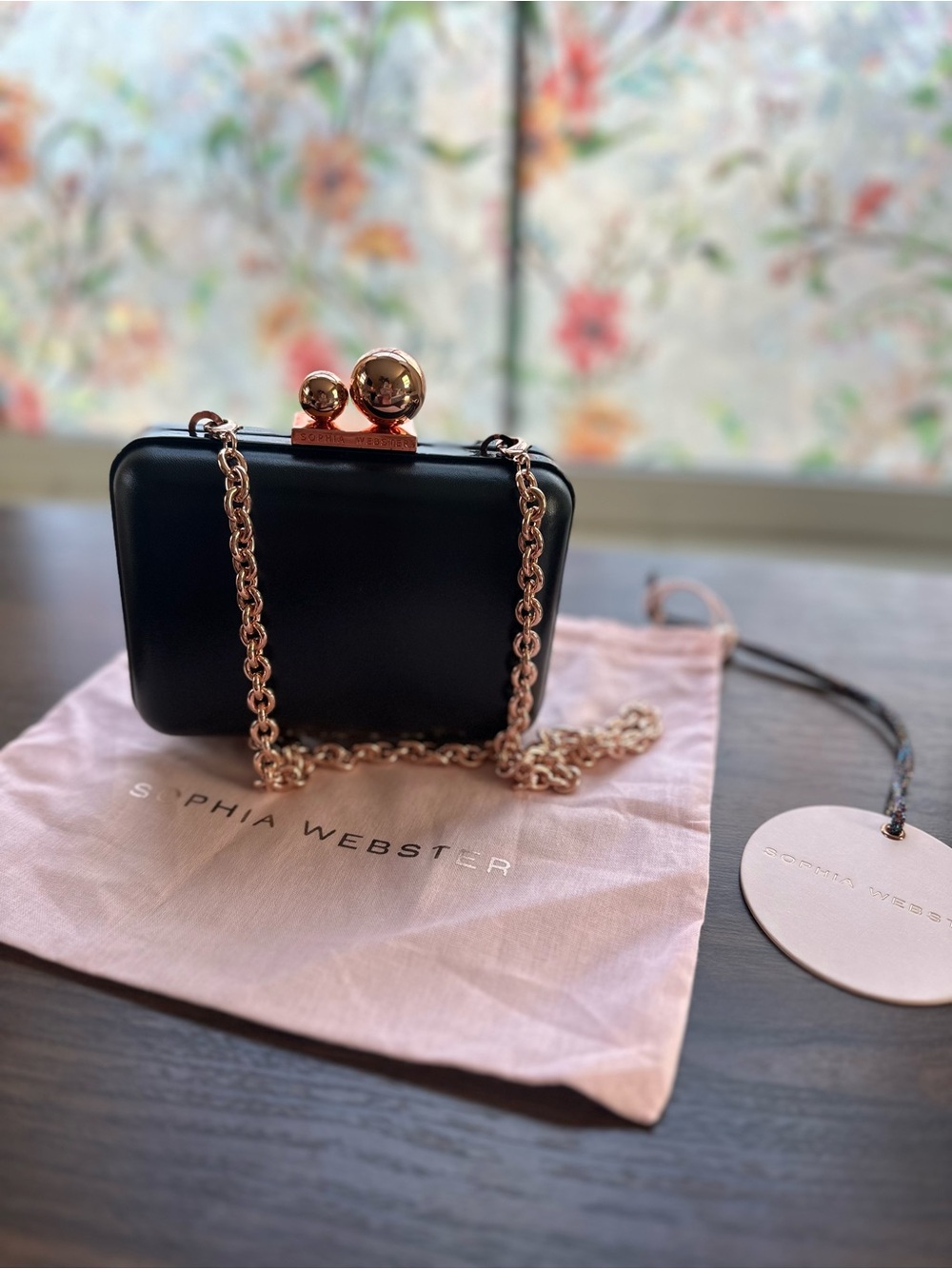 Sophia Webster Black Leather Rose Gold Chain Clutch Bag NWT